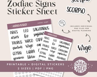 Zodiac Signs Sticker Sheet: Hand-Lettered Planner / Journal Astrology Stickers (Printable and Digital)