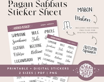 Pagan Sabbats Sticker Sheet: Hand-Lettered Wheel of the Year Seasonal Festivals (Printable and Digital)