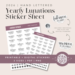 Puede incluir: Una hoja de pegatinas con el texto "2026 Yearly Lunations" y las palabras "Printable + Digital Stickers". La hoja incluye pegatinas con fases lunares y signos astrológicos. El diseño es en tonos morados y blancos.