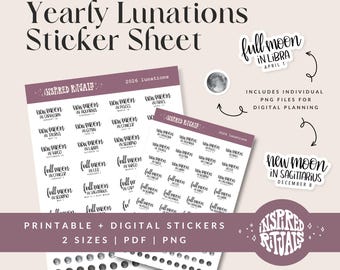 2026 Lunations Sticker Sheet: Hand-Lettered Planner / Journal Celestial Stickers (Printable and Digital)