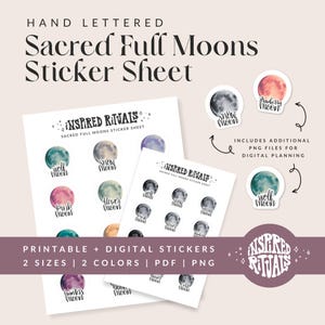 Könnte beinhalten: Ein Stickerbogen mit dem Text "Sacred Full Moons" und verschiedenen Mond-Themen-Stickern. Die Sticker zeigen verschiedene Mondphasen und Namen wie "Wolf Moon" und "Snow Moon". Das Design enthält den Text "Printable + Digital Stickers" und "2 Sizes | 2 Colors | PDF | PNG."