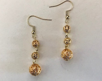 Gold Ornate Metal Bead Dangle Earrings / Gold Earrings / Gift For Her / Anniversary Gift / Birthday Present / Wedding Gift / Bridesmaid Gift