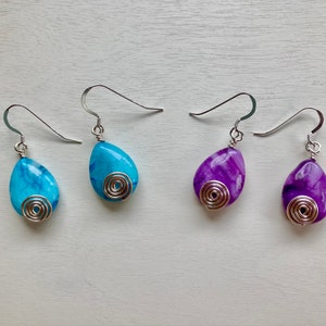 Teardrop Agate Earrings with Decorative Sterling Silver Wire Spirals / Silver Earrings / Gemstone Jewelry / Agate Jewelry / Colorful Earring
