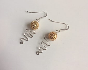 Sterling Silver Wire Zig Zag Earrings with Ornate Gold Beads / Sterling Silver Earrings / Sterling Jewelry / Gift for Her