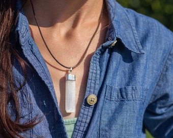 Selenite Pendant on Leather Strap / Gemstone Jewelry / Cleansing Crystal Jewelry / Healing Crystal Jewelry / Witchy Selenite Jewelry