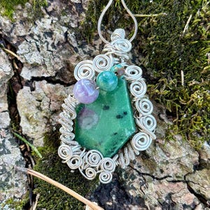 Sterling Silver Wire Wrapped Ruby Zoisite and Jasper Pendant: Intricate Healing Crystal Jewelry