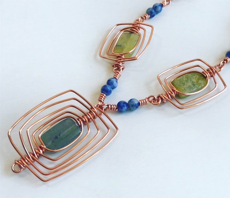 Copper Wire Wrapped Green Aventurine Stone Necklace Lapis Seed Beads Statement Piece Gemstone Jewelry Copper Jewelry Gift for Her