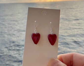 Sterling Silver Glass Heart Earrings / Valentine Heart Earrings / Valentines Day Earrings / Seasonal Earrings / Holiday Earrings