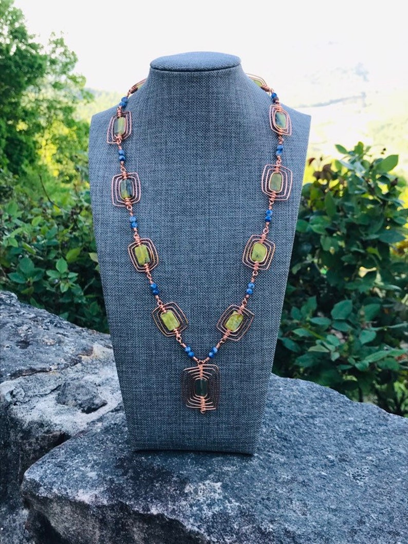 Copper Wire Wrapped Green Aventurine Stone Necklace Lapis Seed Beads Statement Piece Gemstone Jewelry Copper Jewelry Gift for Her
