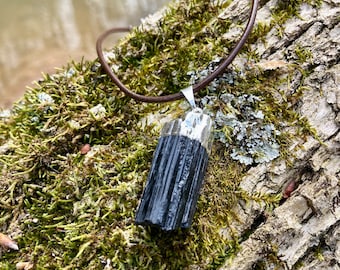 Raw Black Tourmaline Pendant: Healing Crystal on Leather Cord