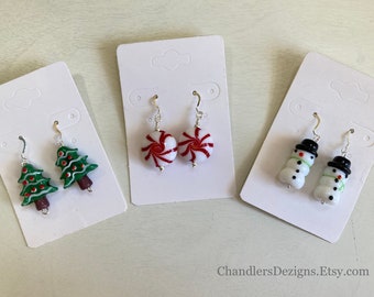 Sterling Silver Glass Holiday Earrings / Snowman Christmas Tree Peppermint Candy Earrings / Christmas Jewelry /  Stocking Stuffer / Festive