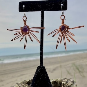 Copper Wire Wrapped Amethyst Third Eye Earrings on Sterling Silver Hooks / Wire Wrapped Gemstone Jewelry / Copper Wire Amethyst Earrings