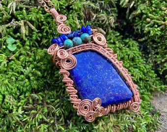 Intricate Copper Wire Wrapped Pendant / Lapis Lazuli and Turquoise Pendant / Healing Gemstone Jewelry / Crystal Pendant / Copper Jewelry
