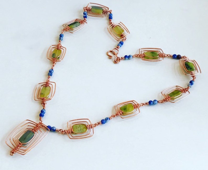 Copper Wire Wrapped Green Aventurine Stone Necklace Lapis Seed Beads Statement Piece Gemstone Jewelry Copper Jewelry Gift for Her