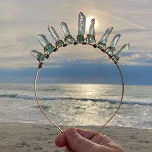 Aqua Aura Quartz Crystal Crown: Gold Wire Wrapped Tiara