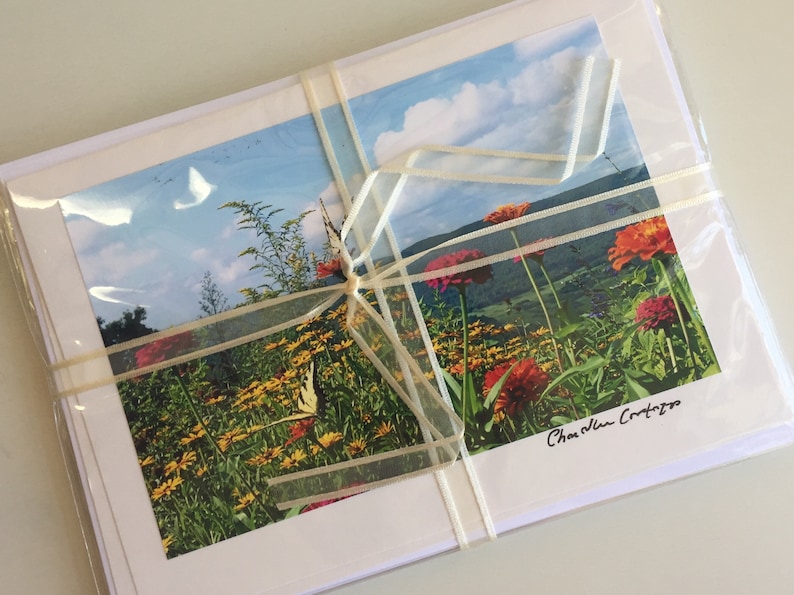 May include: A set of blank greeting cards with a colorful floral photograph on the front. The photo shows a field of flowers with a butterfly flying over them. The cards are wrapped in cellophane and tied with a white ribbon. The signature "Chan-Nien Crafts" is visible in the bottom right corner of the photo.