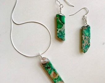 Sterling Silver Imperial Jasper Jewelry Set: Wire Wrapped Pendant Earrings