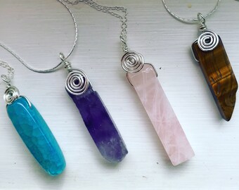 Sterling Silver Crystal Pendant: Amethyst, Rose Quartz, Jasper, Lapis & More