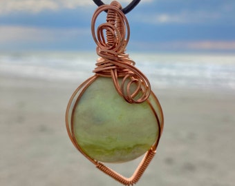 Serpentine Copper Wire Wrapped Pendant / Gemstone Jewelry / Healing Stone / New Jade Necklace / Green Crystal Pendant