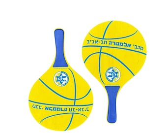 Vintage Maccabi Tel Aviv FC beach paddleball sets | Kadima beach toy no ball | wooden beach paddles | yellow paddles | retro paddleball