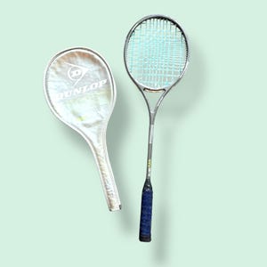 Dunlop SilverMax Oversized Metal Tennis Squash Racket with silver cover | silver racket with blue strings | vintage tennis racket | decor