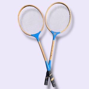 Set of 2 Crown blue vintage badminton racquets | blue wood badminton | Vintage wood racket | vintage tennis decor | racket wall ideas