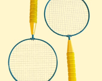 Set of 2 vintage blue and yellow metal racquetball racquets | metal racquets | dorm decor | yellow rackets | squash racquetball set