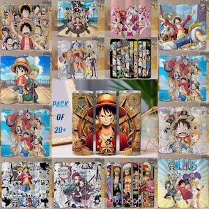 May include: A collection of twenty or more stainless steel tumblers, each featuring vibrant anime character designs. The tumblers showcase various characters in dynamic poses, with a central tumbler displaying a character with a straw hat and a compass design. The text "PACK OF 20+" is also visible.