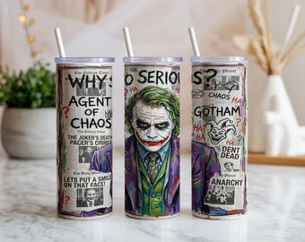 Immagine PNG di Joker Gotham Chaos per bicchiere termico da 20 oz / Design per sublimazione con collage di fumetti e cattivi / Download digitale di arte oscura