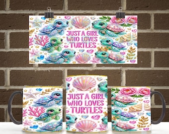 Kubek z żółwiem, opakowanie 11 uncji, 15 uncji, PNG | Kubek na kawę Just a Girl Who Loves Turtles, bezszwowy wzór sublimacji | Pobieranie cyfrowe