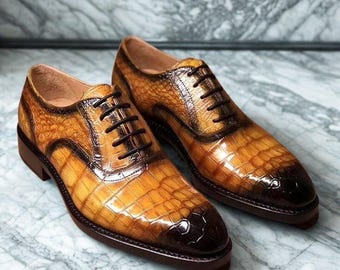 Handmade Italian Leather Oxford Shoes | Crocodile Embossed Patina