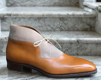 Men's Two-Tone Leather Chukka Boots | Handmade Suede Ankle Boots