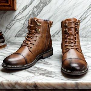 May include: A pair of brown leather boots with laces and side zippers. The boots have a classic design with a rounded toe and a sturdy sole. The boots are made of a rich, textured leather and are suitable for various occasions.