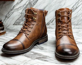 Men's Handmade Brown Leather Cap Toe Ankle Boots