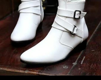 Men's White Black Genuine Leather Double Buckle Biker Boots, Handmade Ankle Fashion