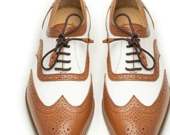 Handmade Two-Tone Leather Oxford Brogues – Brown & White Wingtip Dress Shoes – Men’s Formal Handcrafted Shoes