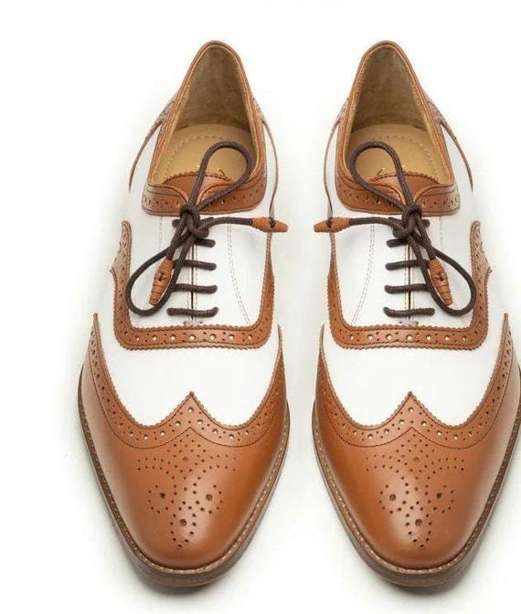Handmade Two-Tone Leather Oxford Brogues - Brown & White Wingtip Dress Shoes - Men's Formal Handcrafted Shoes Handmade Two-Tone Leather Oxford Brogues - Brown & White Wingtip Dress Shoes - Men's Formal Handcrafted Shoes