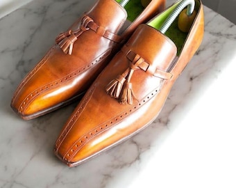 Handmade Italian Leather Tassel Loafers: Brown Slip-On Dress Shoes