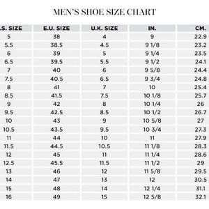 May include: A shoe size chart for men, displaying U.S., European, and U.K. sizes, along with measurements in inches and centimeters. The chart includes sizes from U.S. 5 (22.9 cm) to 16 (32.1 cm), with corresponding European and U.K. sizes.
