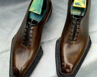 Bespoke Italian Handmade Patina Leather Oxford Shoes: Unique Square Toe Dress Shoes