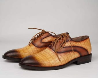 Bespoke Italian Handmade Artisan Brown Croc-Embossed Oxfords: Two-Tone Burnished Toe shoes . Wedding shoes