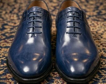 Men's Blue Leather Crocodile Embossed Oxford Dress Shoes, Handmade Formal Footwear