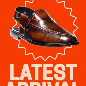 May include: A brown leather sandal with a buckle fastening. The shoe has a polished appearance and decorative stitching. The words "NEW!" are repeated at the top, and "LATEST ARRIVAL" is displayed at the bottom on an orange background.