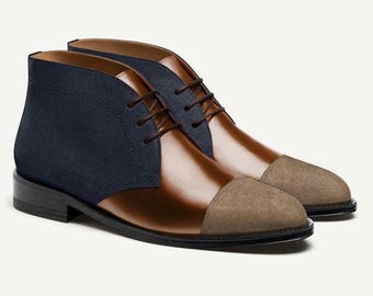 Handmade Two-Tone Leather Chukka Boots | Suede Ankle Boots
