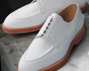 Handmade White Leather Derby Shoes|Formal dress shoes for men.