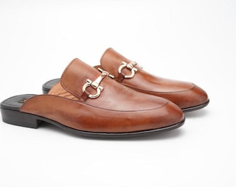 Men's Handmade Full-Grain Leather Horsebit Mule Loafers | Brown Slip-On Dress Shoes