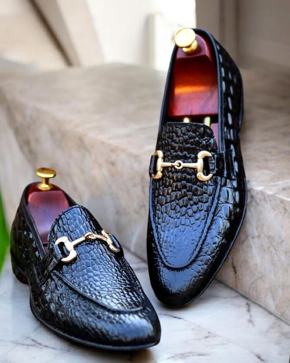 Handmade Black Croc Embossed Leather Loafers With Golden  display picture 1