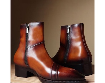 Handmade Patina Leather Boots for Men | Brown Cap Toe Ankle Boots
