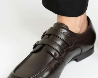 Bespoke Italian Men Brown Leather Monk Strap Shoes – Handmade Formal Dress Shoes for Men – Luxury Wedding Office Slip On Shoes Goodyear welt