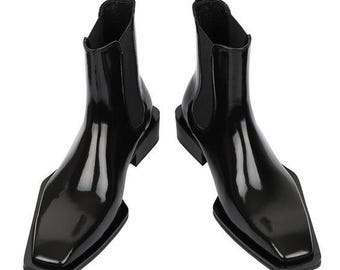 Handmade Black Leather Square Toe Chelsea Boots